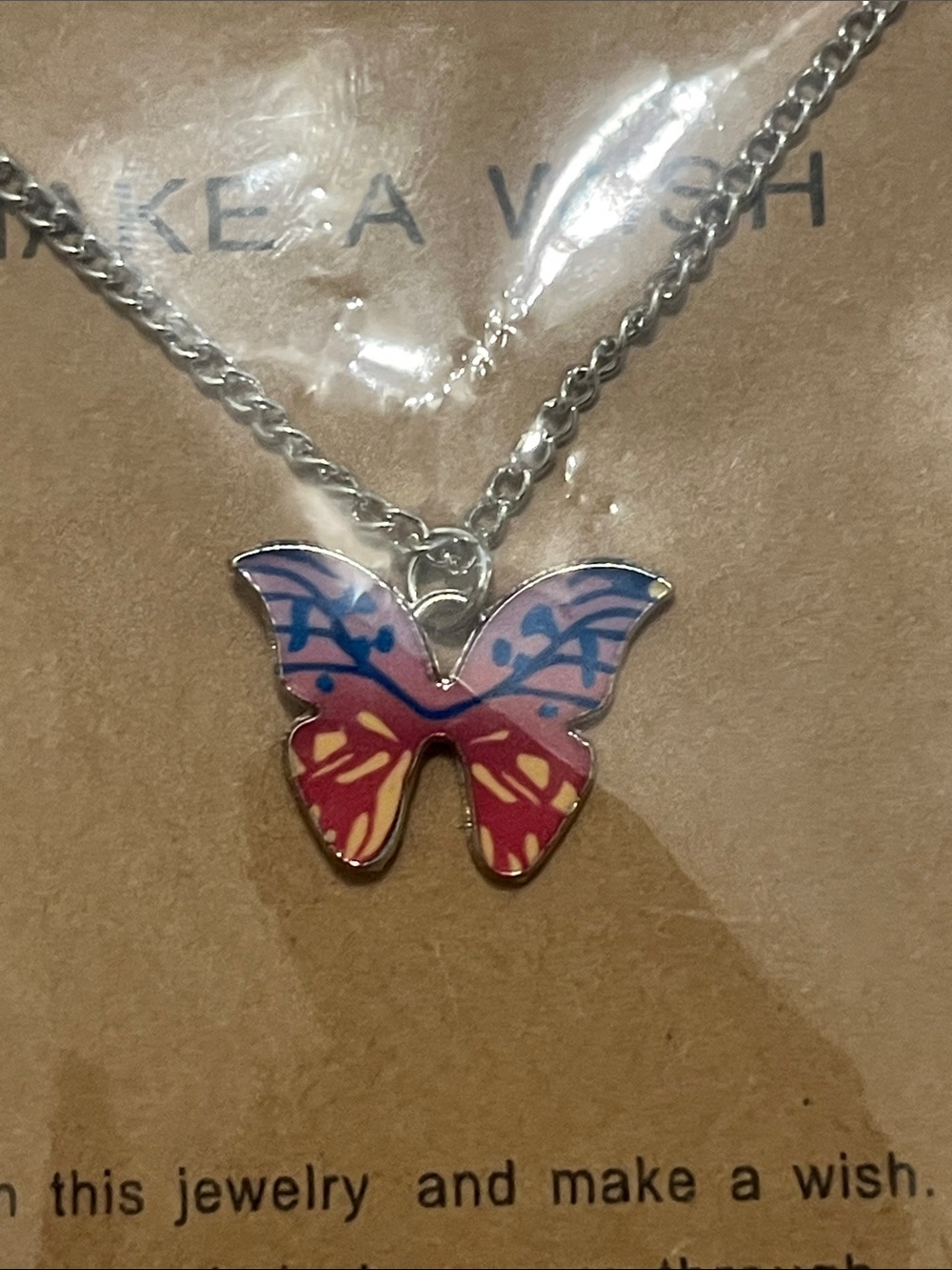 Pink & Blue Butterfly Pendant Necklace